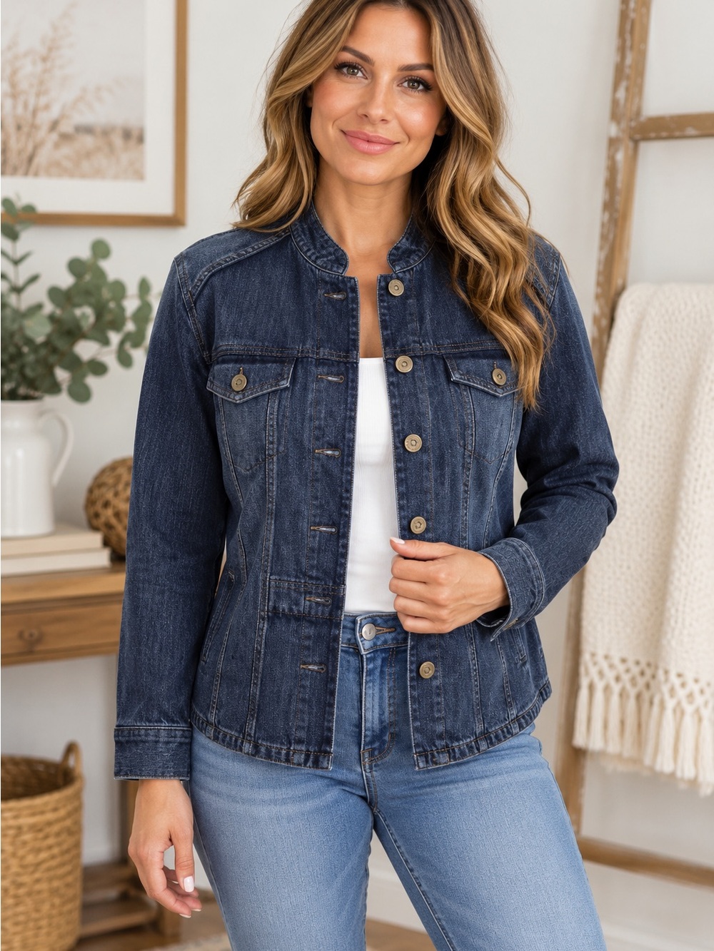 Jones New York Sport Womens M Blue Denim Jean Jacket Button Front Casual Coat